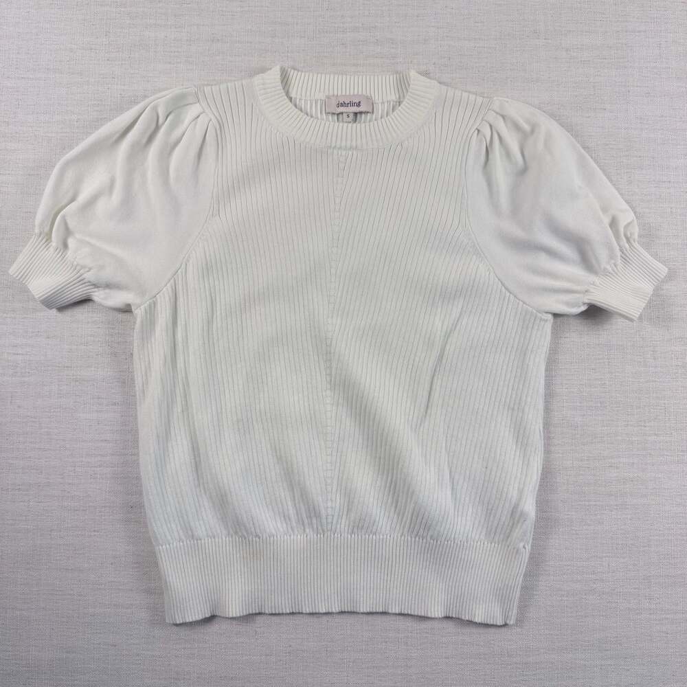 Dahrling White Ribbed Puff Sleeve Knit Top Size S